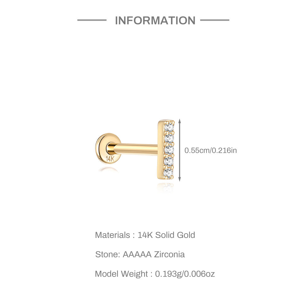 14K Solid Gold Zircon Piercing Studs – Straight Bar Cartilage/Lobe Earrings