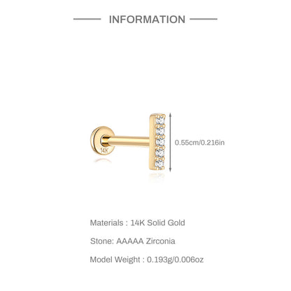14K Solid Gold Zircon Piercing Studs – Straight Bar Cartilage/Lobe Earrings