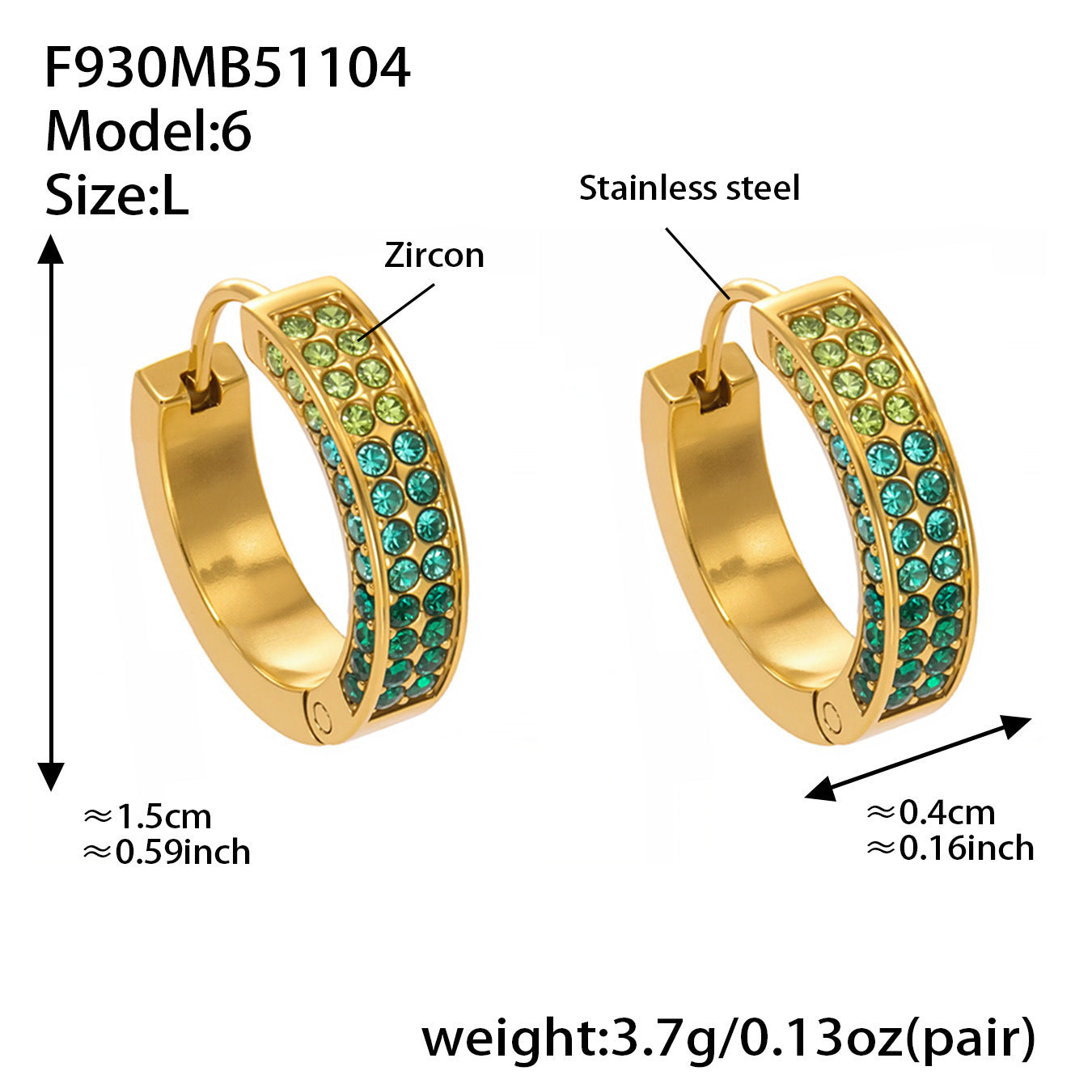 Stainless Steel U-Shaped Zircon Earrings – Colorful High-End Fashion Jewelry Hoop Set
