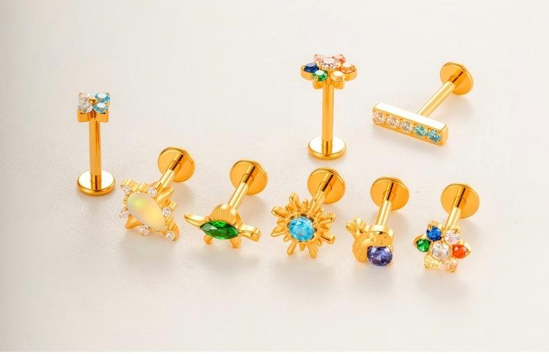 G23/F136 Titanium Colorful CZ Flower & Geometric Flat Back Labret Studs | Hypoallergenic Internally Threaded Piercing Jewelry for Ear, Lip, Cartilage