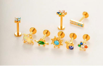 G23/F136 Titanium Colorful CZ Flower & Geometric Flat Back Labret Studs | Hypoallergenic Internally Threaded Piercing Jewelry for Ear, Lip, Cartilage
