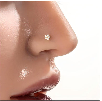 G23/F136 Titanium S-Bar Nose Stud Zircon Paved Hollow Heart & Rose Design – Hypoallergenic Nose Piercing Jewelry for Women, Gold & Silver