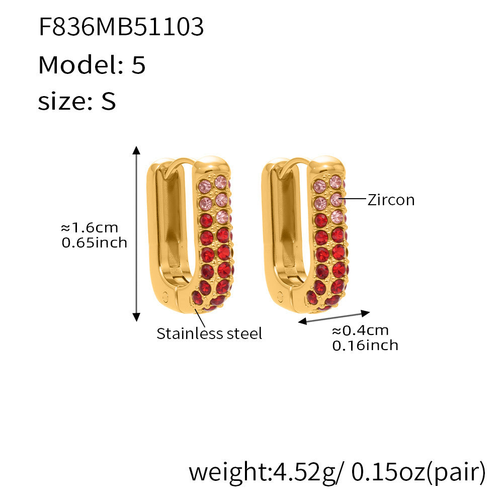 Stainless Steel Long U-Shaped Hoop Earrings with 5A Zircon – Elegant Colorful Statement Fashion Jewelry