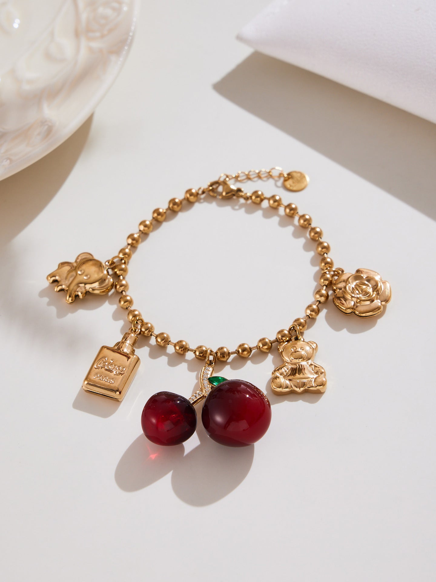 Cherry Zircon Jewelry Set | Gold & Silver Stainless Steel Necklace, Bracelet & Earrings | Trendy Red Resin Cherry Collection by WANTI Jewelry