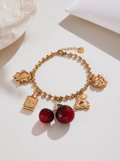 Cherry Zircon Jewelry Set | Gold & Silver Stainless Steel Necklace, Bracelet & Earrings | Trendy Red Resin Cherry Collection by WANTI Jewelry