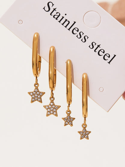 Gold Stainless Steel Five-Pointed Star Zirconia Hoop Earrings Set | Layered Star Earrings | High-Shine Statement Jewelry for Women