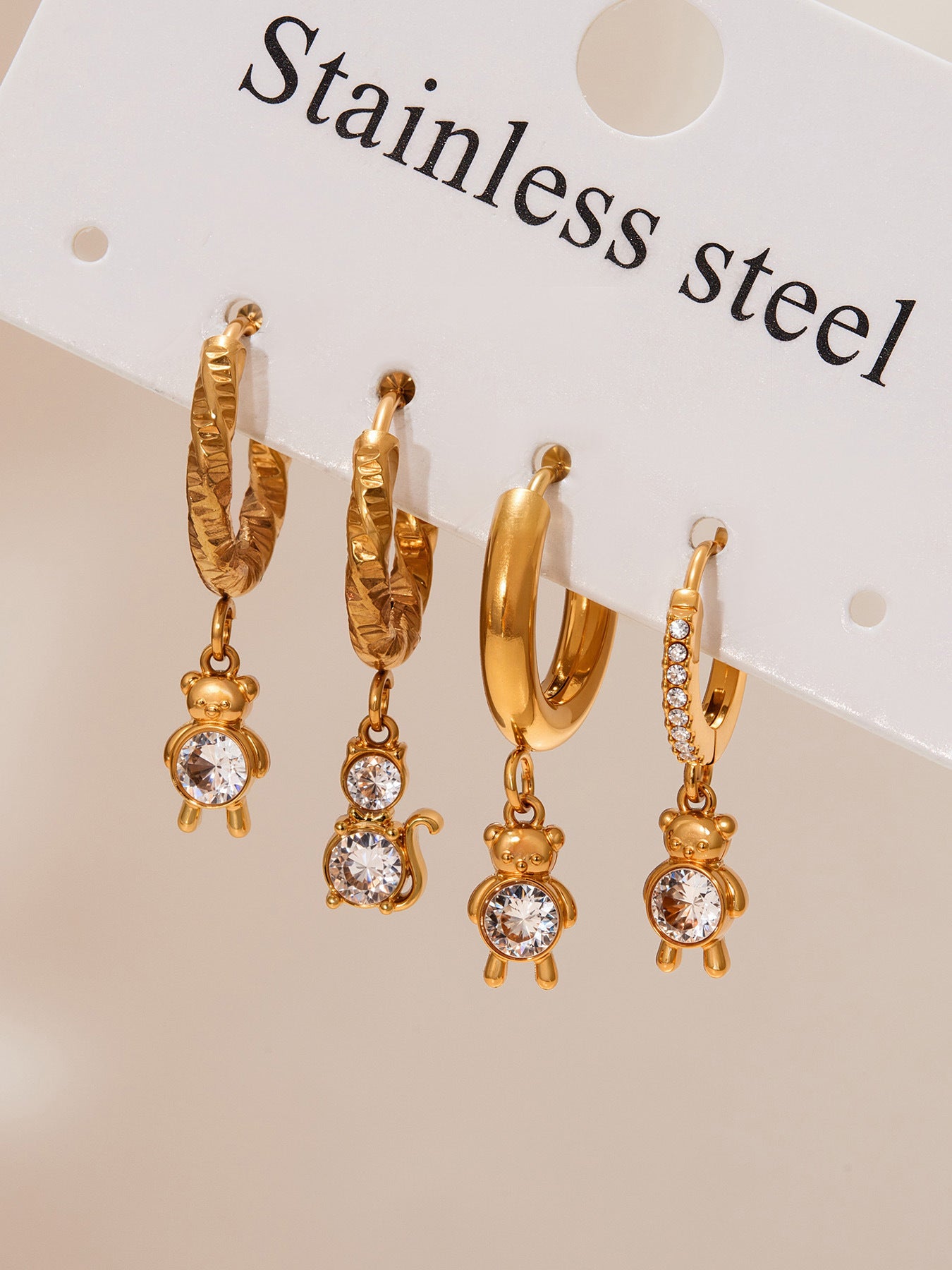 Trendy Stainless Steel Zircon Pendant Hoop Earrings Set – Creative Human & Animal Shapes, Gold Plated Fashion Jewelry