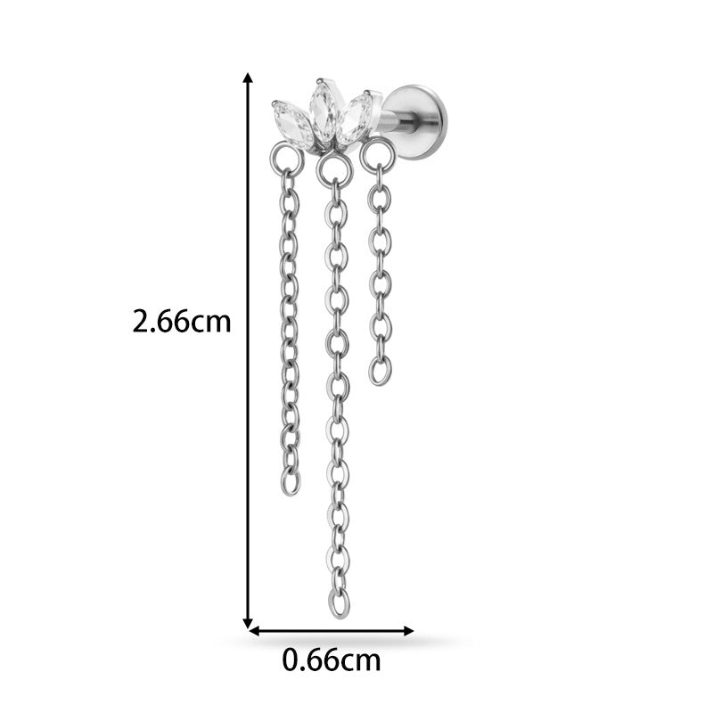 Implant Grade ASTM F136 Titanium Threadless Push Pin Zircon Chain Dangle Flat Back Stud | Geometric Cartilage Helix Tragus Lip Piercing Jewelry