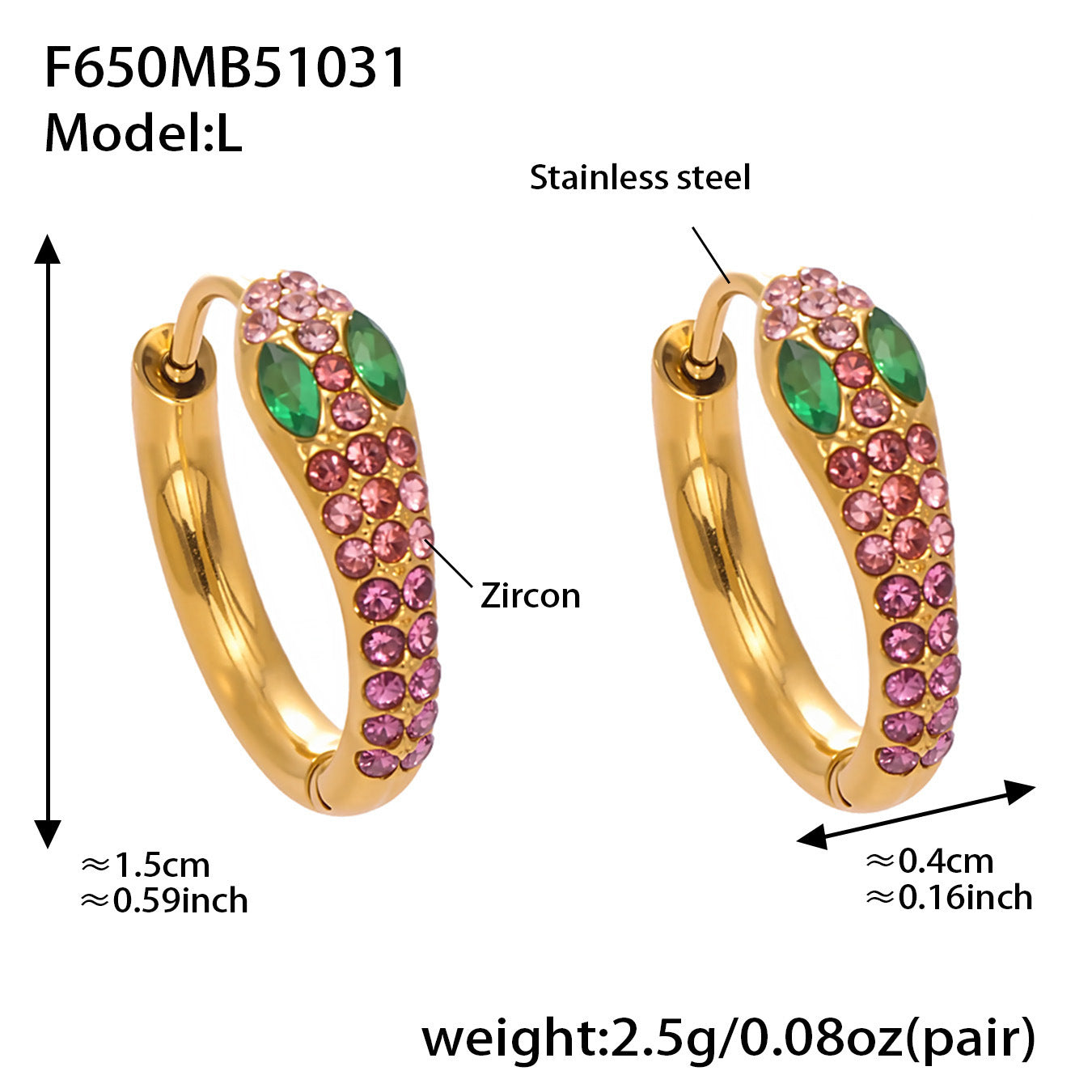 Colorful Zircon Snake Hoop Earrings | Stainless Steel Serpent Earrings Set – WANTI Jewelry