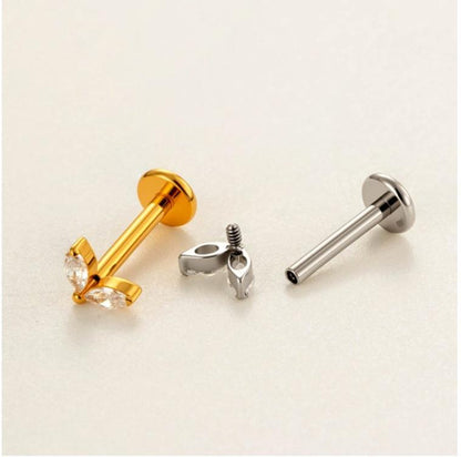 Implant Grade ASTM F136 Titanium Teardrop Moon Geometric Flat Back Stud | Internal Thread Labret | Cartilage, Helix, Lip Piercing Jewelry