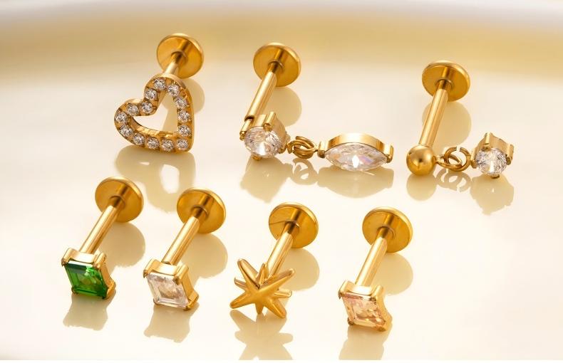 F136/G23 Titanium Zircon Push-Pin Labret & Cartilage Stud — Heart, Round, Star, Oval, Green/White/Champagne Marquise