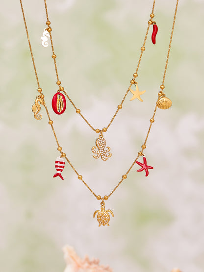 Coral Red Fish, Octopus & Turtle Pendant Jewelry Set – Stainless Steel Necklace, Bracelet, Anklet & Earrings | Trendy Ocean Style Accessories