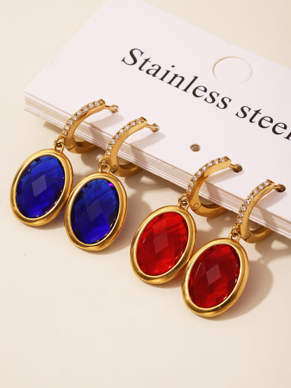 Colorful Oval Glass Stone Stainless Steel Drop Earrings – Elegant Lightweight Statement Jewelry | WANTI Jewelry