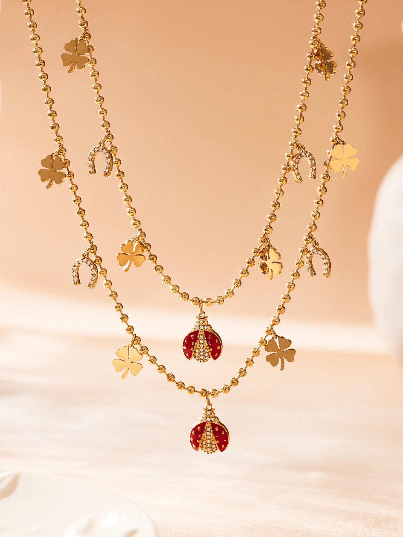 Ladybug Pendant Necklace & Earrings Bracelet Anklet Set – Stainless Steel Cute Lucky Beetle Jewelry