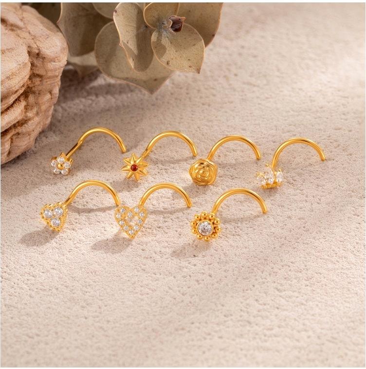 G23/F136 Titanium S-Bar Nose Stud Zircon Paved Hollow Heart & Rose Design – Hypoallergenic Nose Piercing Jewelry for Women, Gold & Silver