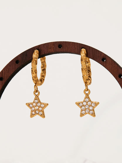 Gold Stainless Steel Five-Pointed Star Zirconia Hoop Earrings Set | Layered Star Earrings | High-Shine Statement Jewelry for Women