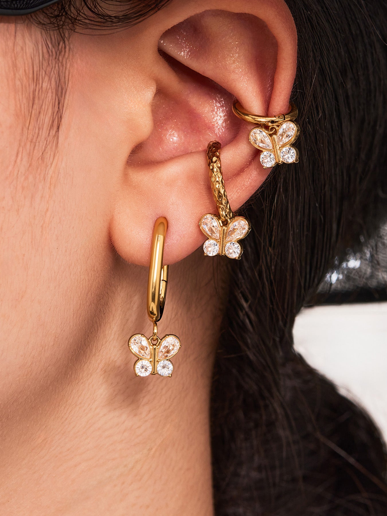 Butterfly Zircon Stackable Earrings Set – Stainless Steel Layered Hoop & Stud Combination | WANTI Jewelry