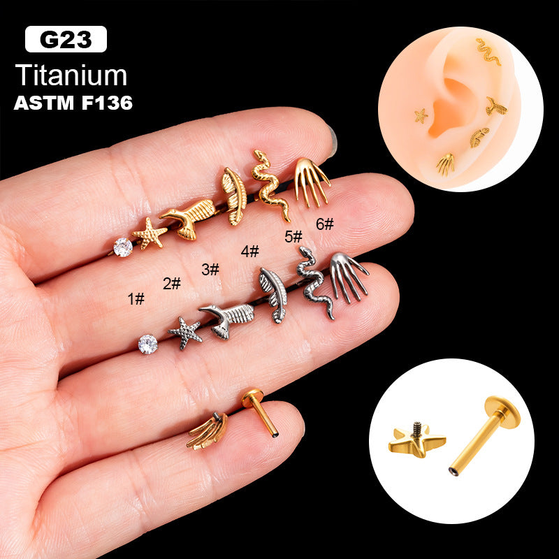 Titanium  Starfish Feather Palm Snake Piercing Earrings Studs
