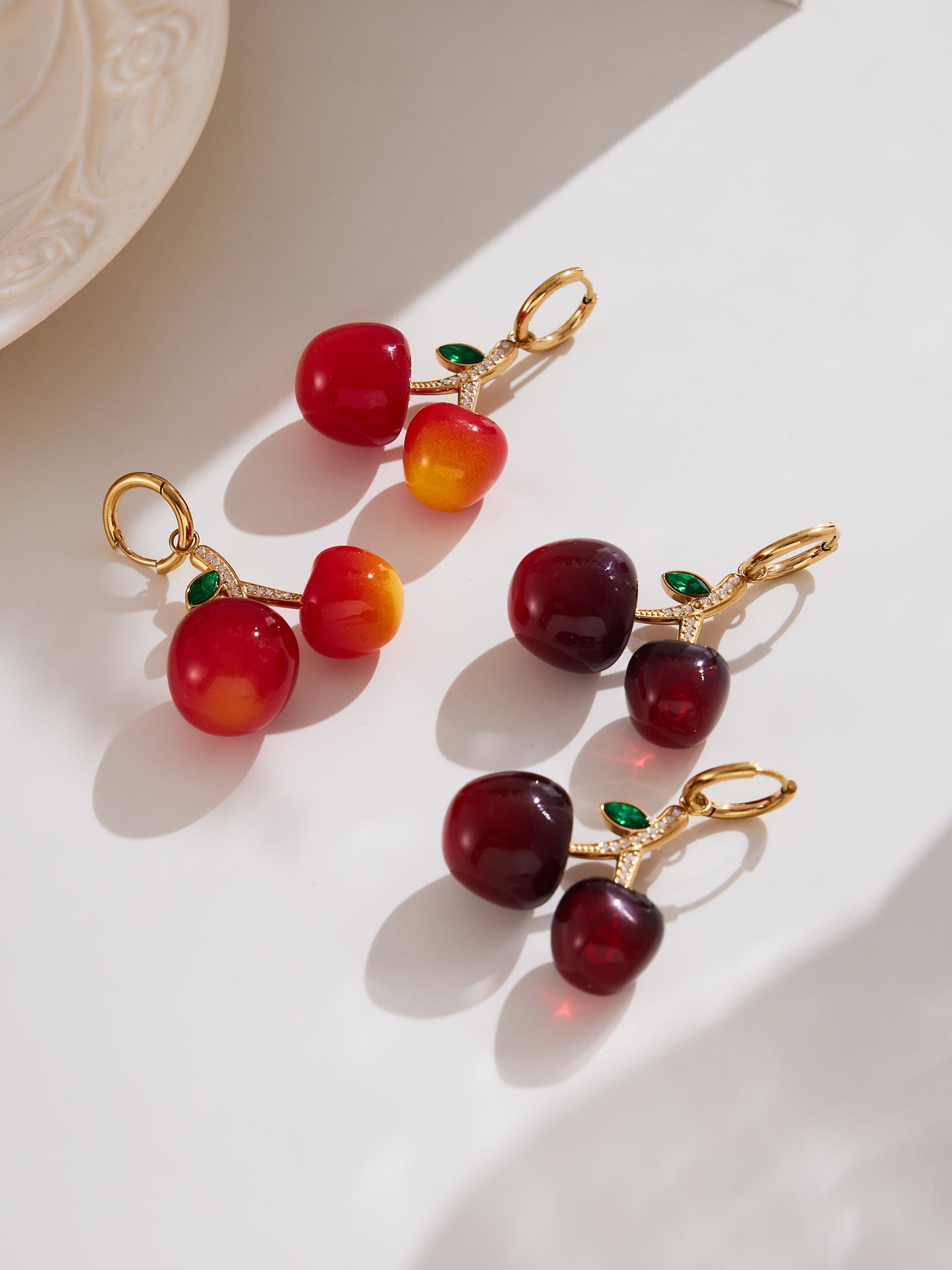 Cherry Zircon Jewelry Set | Gold & Silver Stainless Steel Necklace, Bracelet & Earrings | Trendy Red Resin Cherry Collection by WANTI Jewelry