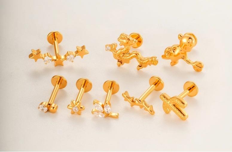 G23/F136 Titanium Internally Threaded Flat Back Lip Studs Cactus Star Flower Piercing Jewelry – Hypoallergenic Cartilage Earrings for Daily & Professional Use