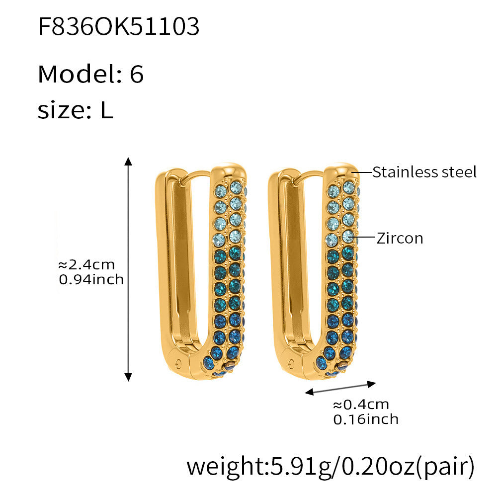 Stainless Steel Long U-Shaped Hoop Earrings with 5A Zircon – Elegant Colorful Statement Fashion Jewelry