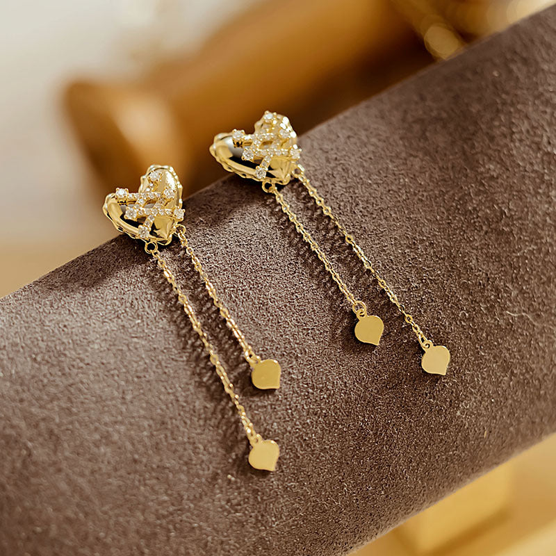 14K Solid Gold Moissanite Heart Tassel Earrings – Romantic Studs for Special Occasions