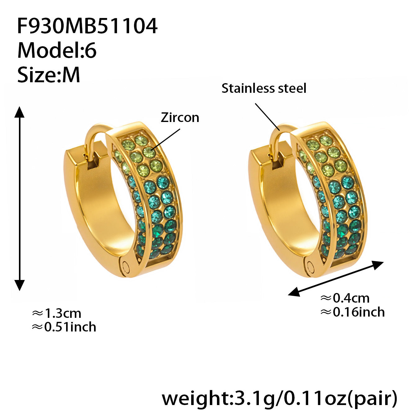 Stainless Steel U-Shaped Zircon Earrings – Colorful High-End Fashion Jewelry Hoop Set