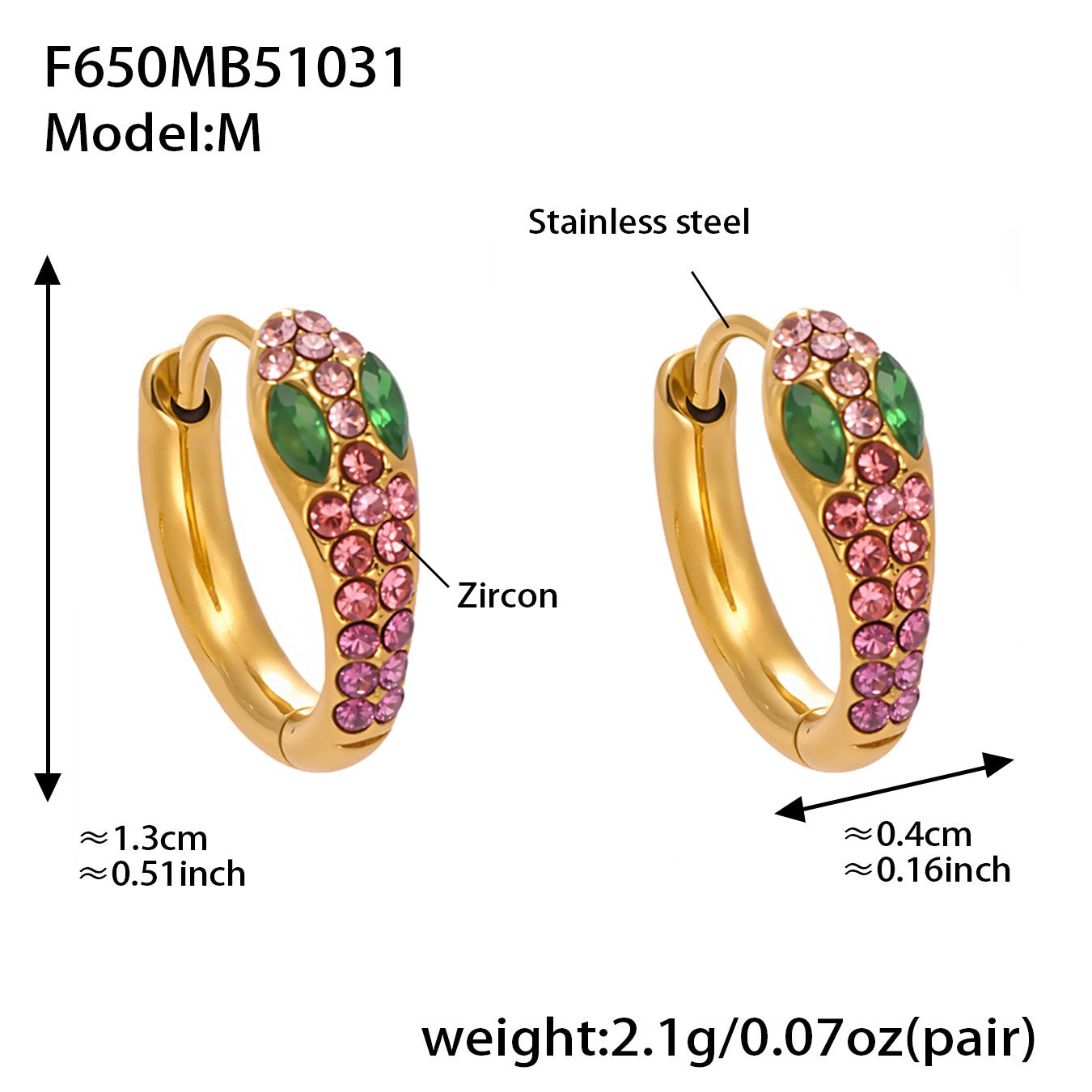 Colorful Zircon Snake Hoop Earrings | Stainless Steel Serpent Earrings Set – WANTI Jewelry