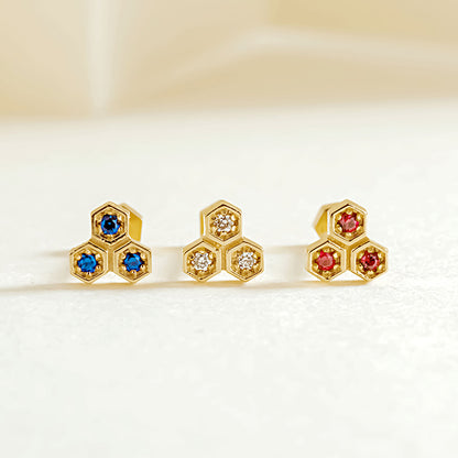 14K Solid Gold Ruby & Diamond Screw Earrings – Unique Geometric Luxury Studs for Women
