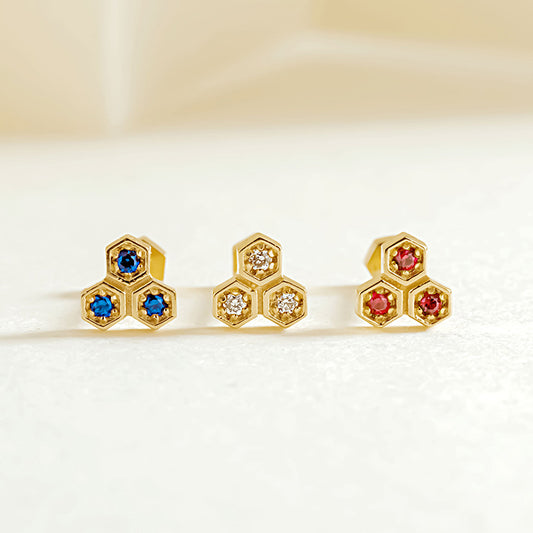 14K Solid Gold Ruby & Diamond Screw Earrings – Unique Geometric Luxury Studs for Women