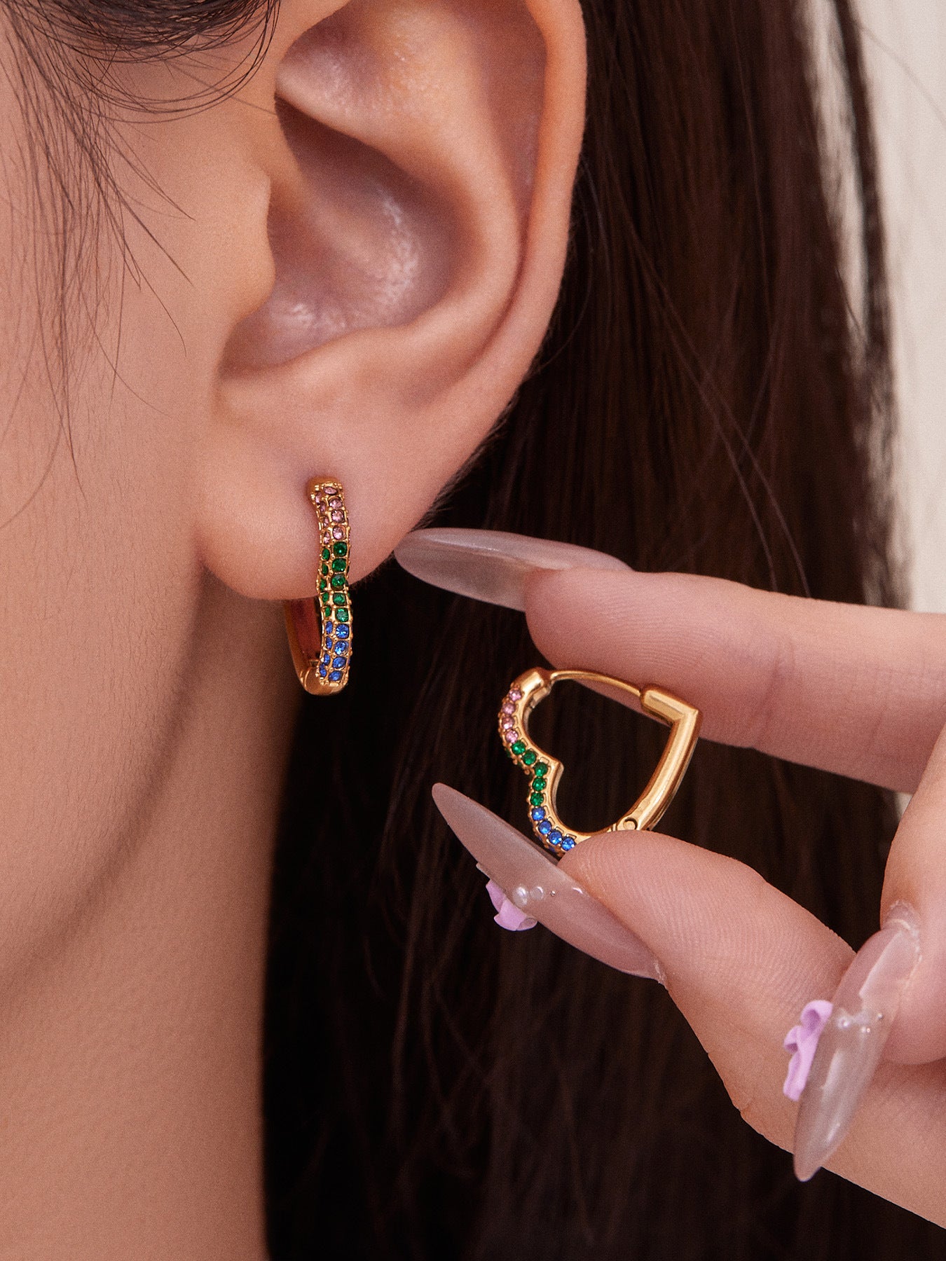 Colorful Cubic Zirconia Heart Hoop Earrings Set | Stainless Steel Simple Chic Ear Cuff for Women