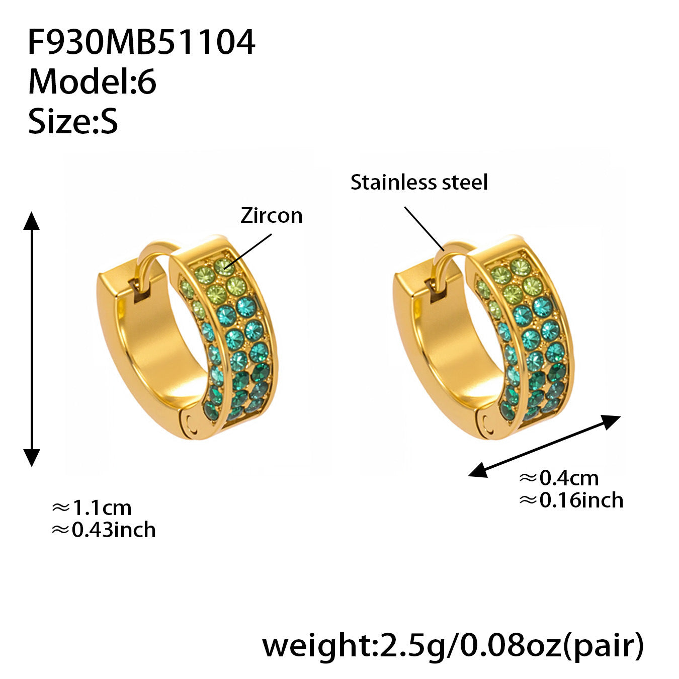 Stainless Steel U-Shaped Zircon Earrings – Colorful High-End Fashion Jewelry Hoop Set