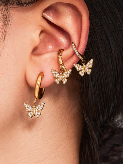 Butterfly Zircon Stackable Earrings Set – Stainless Steel Layered Hoop & Stud Combination | WANTI Jewelry