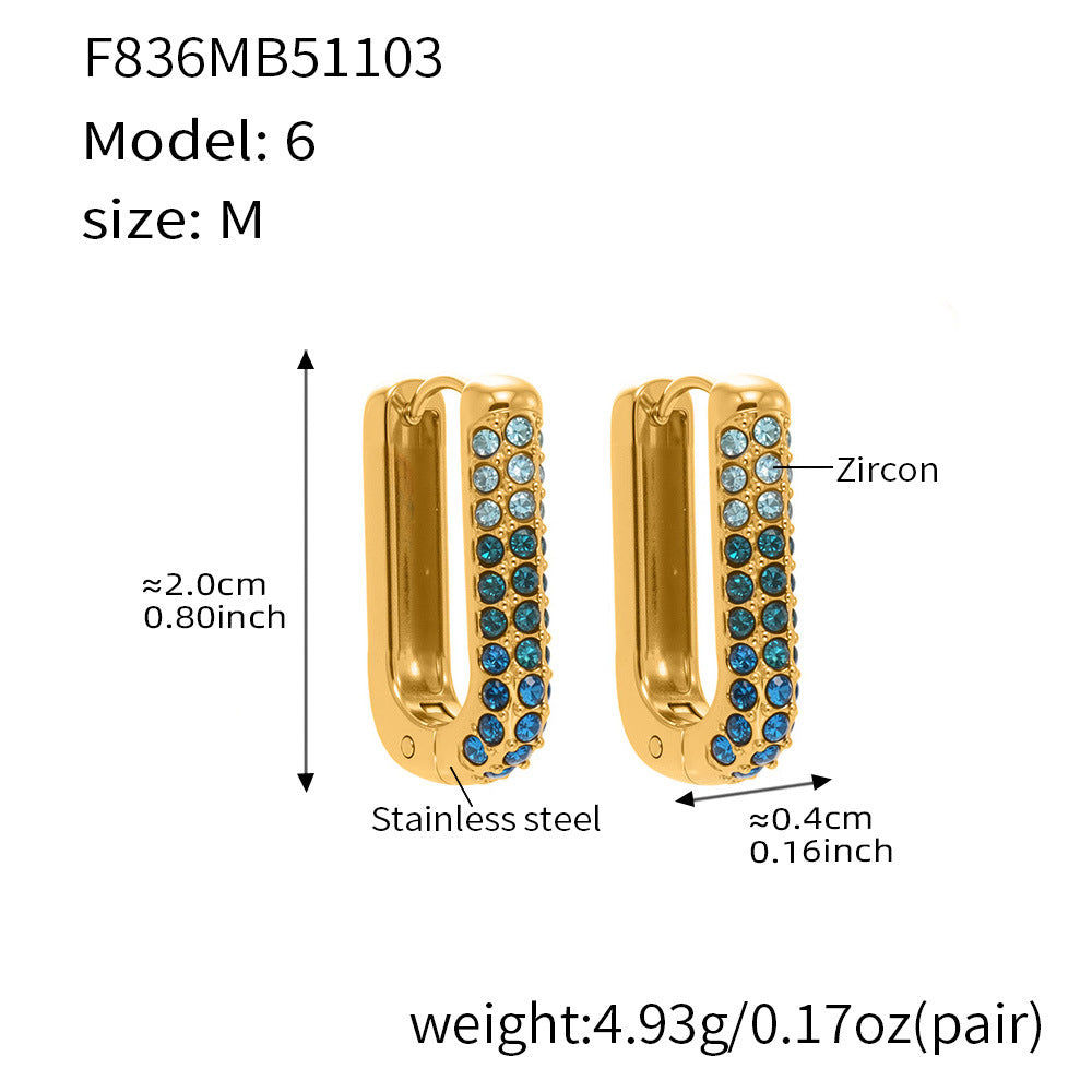 Stainless Steel Long U-Shaped Hoop Earrings with 5A Zircon – Elegant Colorful Statement Fashion Jewelry