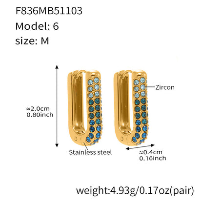 Stainless Steel Long U-Shaped Hoop Earrings with 5A Zircon – Elegant Colorful Statement Fashion Jewelry
