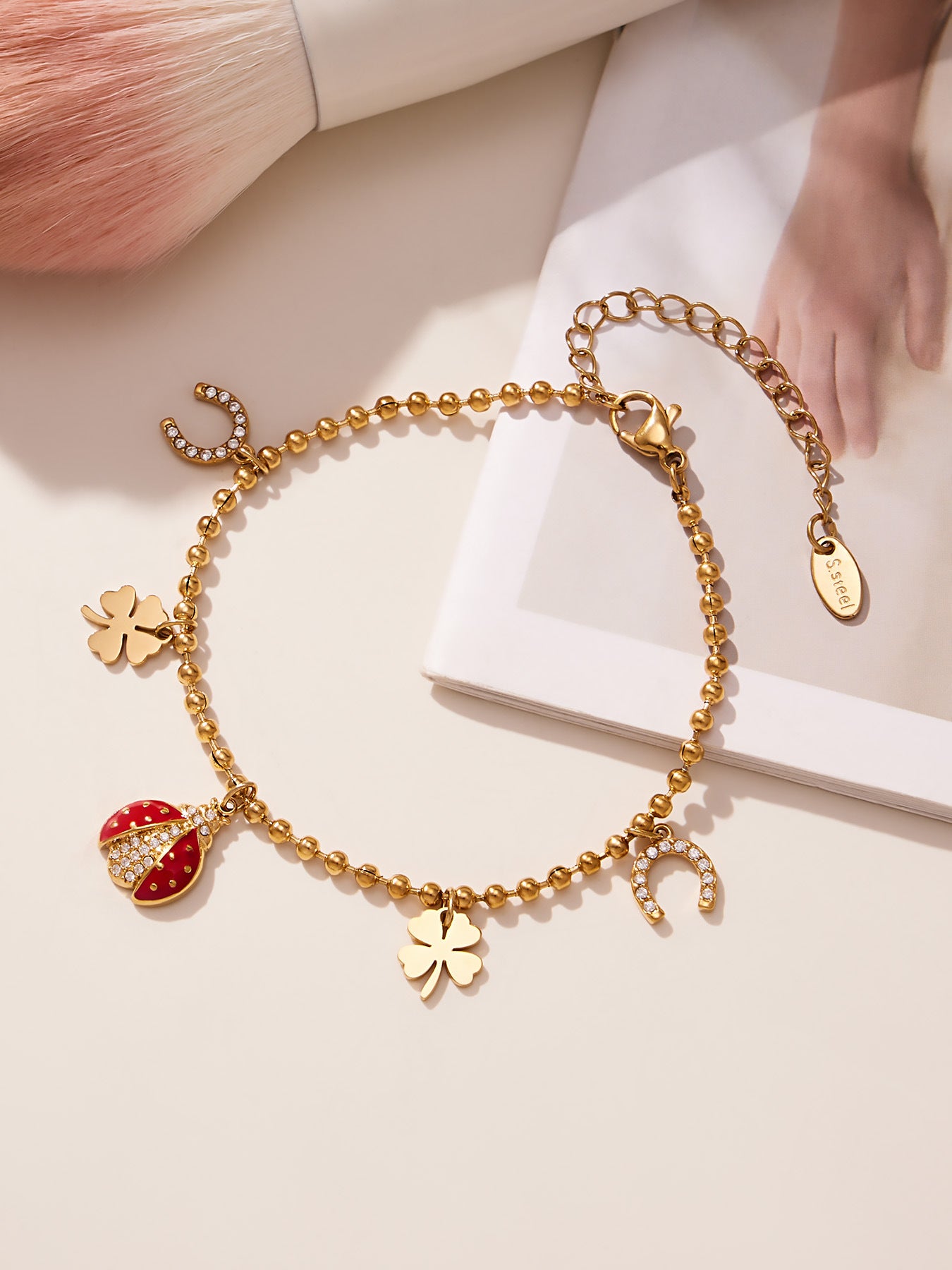 Ladybug Pendant Necklace & Earrings Bracelet Anklet Set – Stainless Steel Cute Lucky Beetle Jewelry