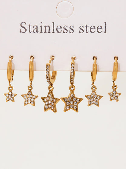 Gold Stainless Steel Five-Pointed Star Zirconia Hoop Earrings Set | Layered Star Earrings | High-Shine Statement Jewelry for Women