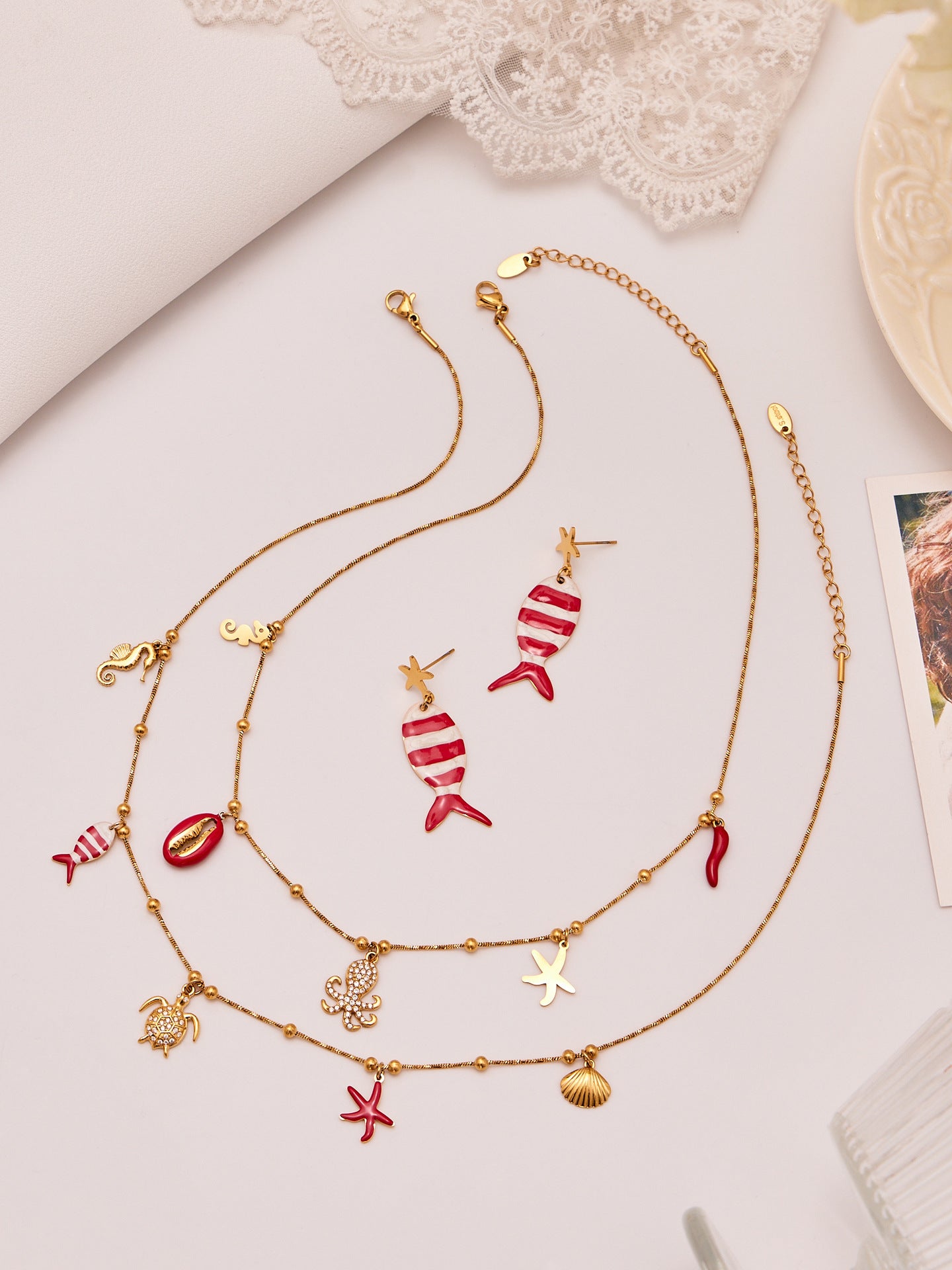 Coral Red Fish, Octopus & Turtle Pendant Jewelry Set – Stainless Steel Necklace, Bracelet, Anklet & Earrings | Trendy Ocean Style Accessories