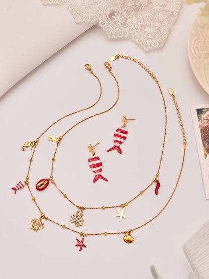 Coral Red Fish, Octopus & Turtle Pendant Jewelry Set – Stainless Steel Necklace, Bracelet, Anklet & Earrings | Trendy Ocean Style Accessories