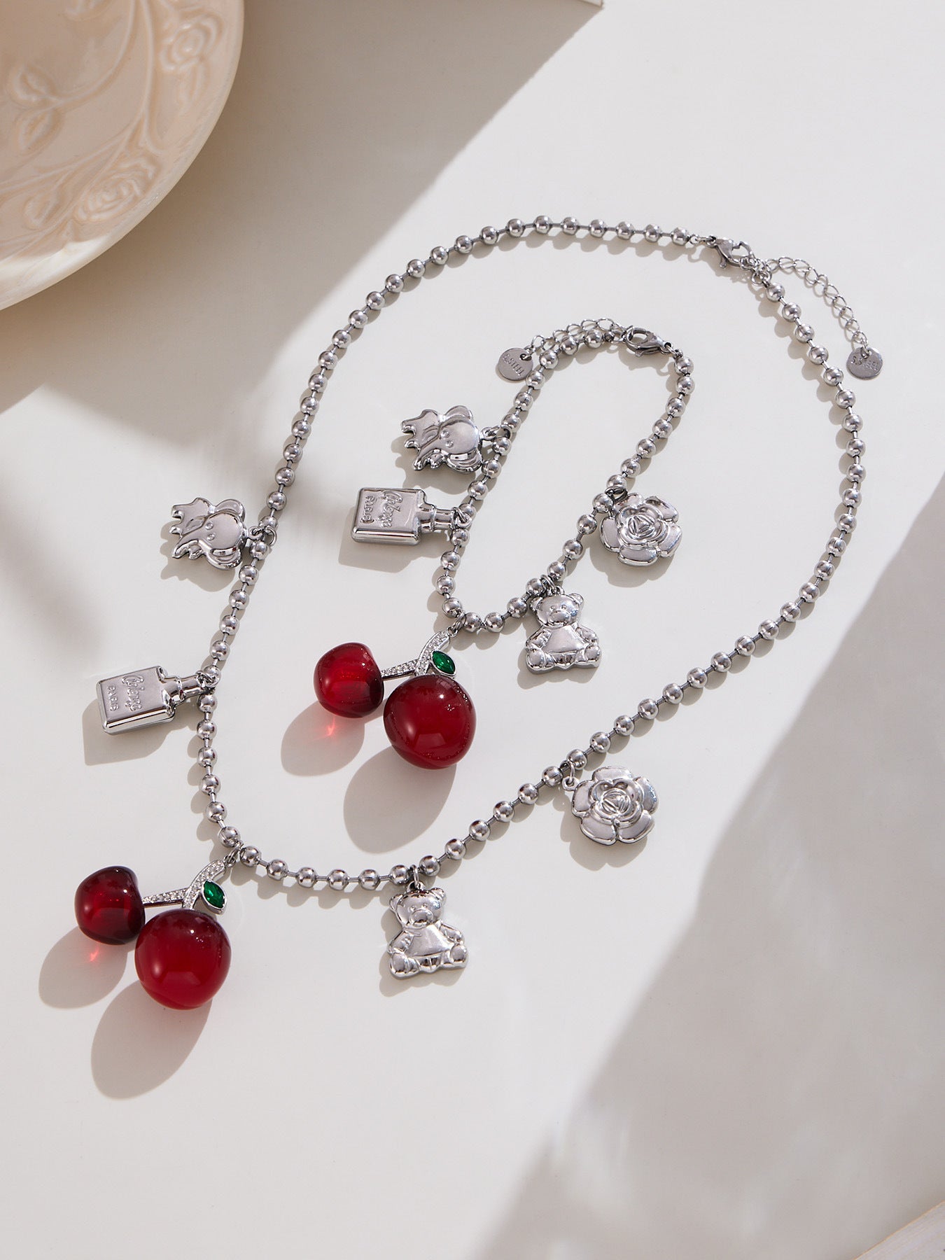 Cherry Zircon Jewelry Set | Gold & Silver Stainless Steel Necklace, Bracelet & Earrings | Trendy Red Resin Cherry Collection by WANTI Jewelry