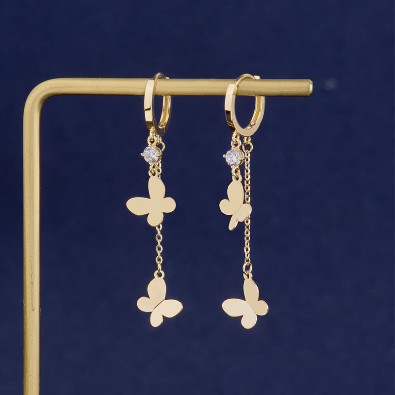 14K Solid Gold Butterfly Tassel Piercing Earrings – Dangle Studs for Helix, Cartilage & Lobe (Pair)
