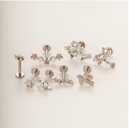 G23/F136 Titanium Internally Threaded Flat Back Lip Studs Cactus Star Flower Piercing Jewelry – Hypoallergenic Cartilage Earrings for Daily & Professional Use