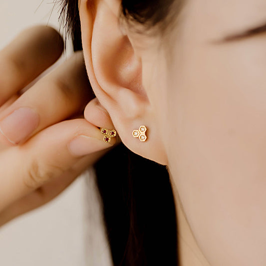 14K Solid Gold Ruby & Diamond Screw Earrings – Unique Geometric Luxury Studs for Women