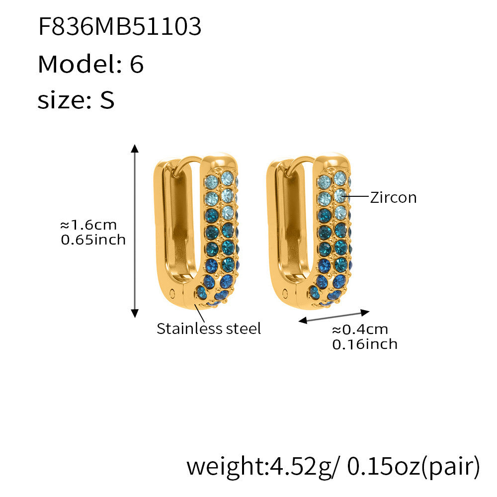 Stainless Steel Long U-Shaped Hoop Earrings with 5A Zircon – Elegant Colorful Statement Fashion Jewelry