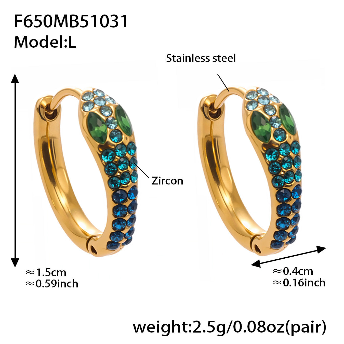 Colorful Zircon Snake Hoop Earrings | Stainless Steel Serpent Earrings Set – WANTI Jewelry