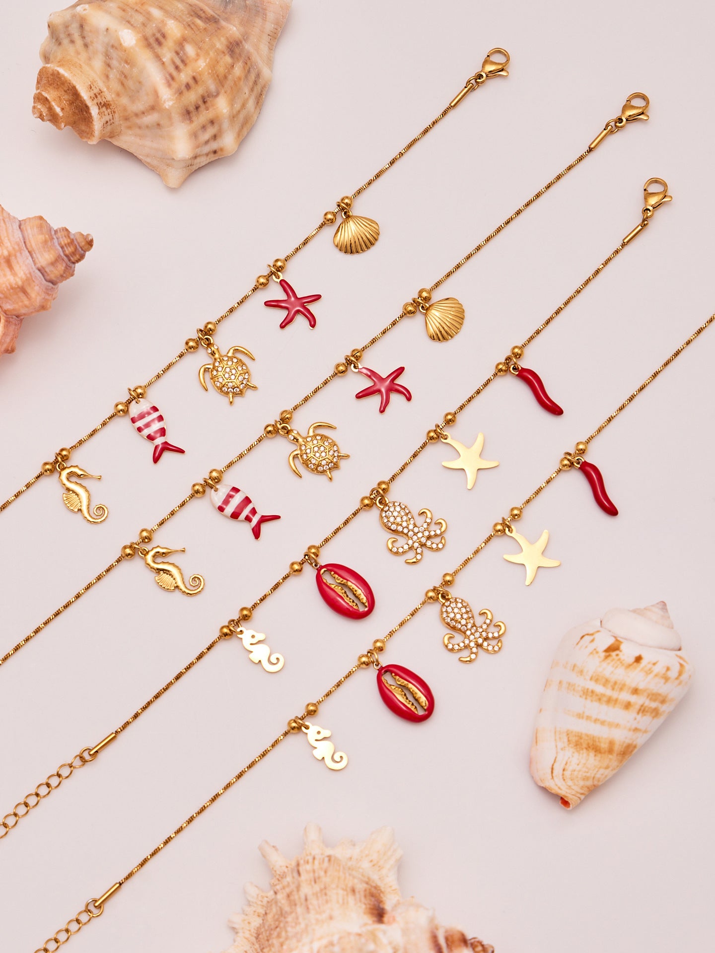 Coral Red Fish, Octopus & Turtle Pendant Jewelry Set – Stainless Steel Necklace, Bracelet, Anklet & Earrings | Trendy Ocean Style Accessories