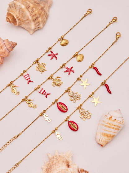 Coral Red Fish, Octopus & Turtle Pendant Jewelry Set – Stainless Steel Necklace, Bracelet, Anklet & Earrings | Trendy Ocean Style Accessories