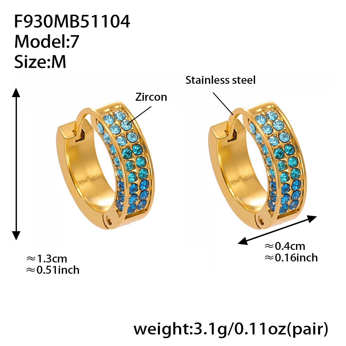 Stainless Steel U-Shaped Zircon Earrings – Colorful High-End Fashion Jewelry Hoop Set
