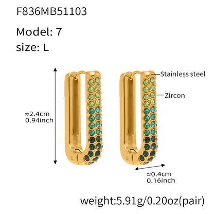 Stainless Steel Long U-Shaped Hoop Earrings with 5A Zircon – Elegant Colorful Statement Fashion Jewelry