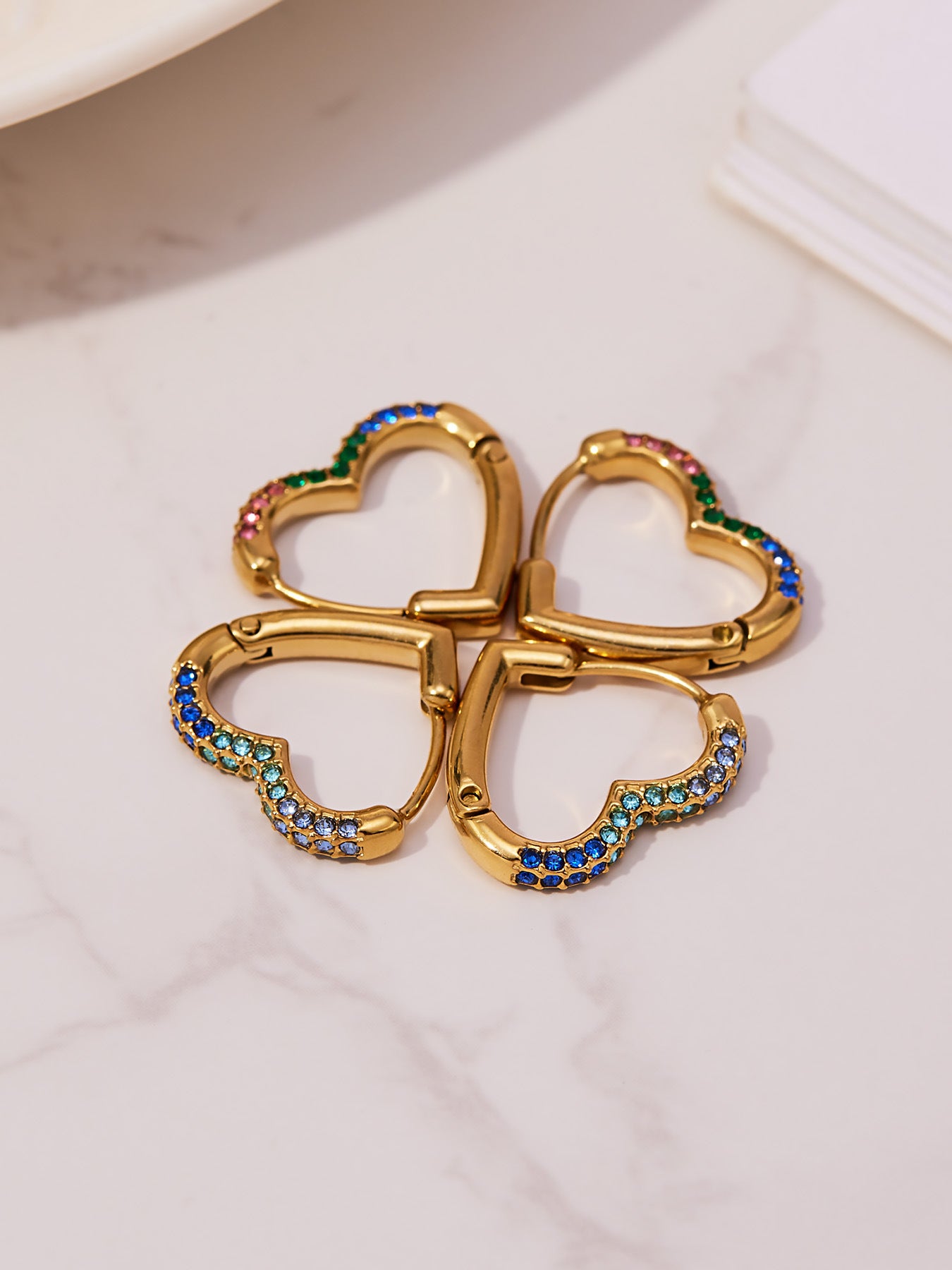 Colorful Cubic Zirconia Heart Hoop Earrings Set | Stainless Steel Simple Chic Ear Cuff for Women